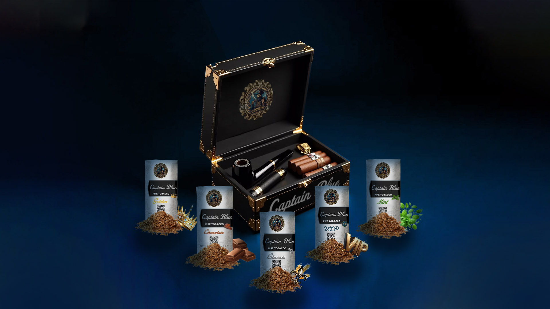 Captain Blue brand image featuring quality tobacco packaging